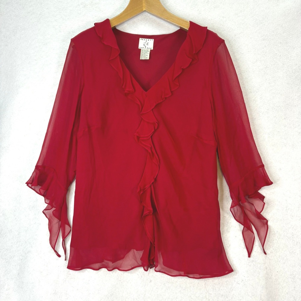 Vtg ICE Ruffle Silk Chiffon Blouse Red Womens 3X‎ Romantic Whimsigoth Fairycore